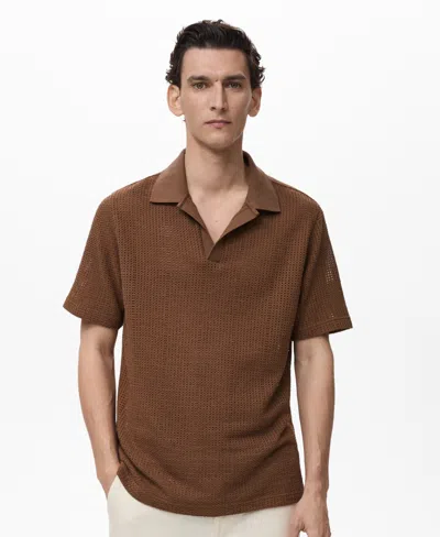 Mango Crochet Striped Polo Top In Brown