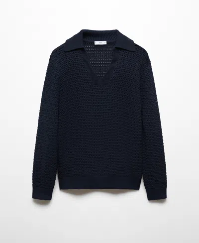 Mango Men's Openwork Knit Polo Neck Sweater In Dark Navy
