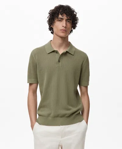 MANGO MEN'S OPENWORK KNITTED COTTON POLO SHIRT