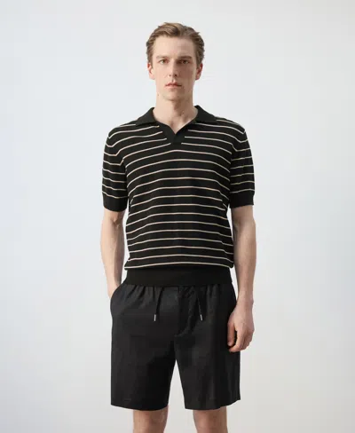 Mango Stripe Knit Polo In Black
