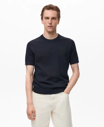 Mango Men's Striped Openwork Cotton T-shirt In Blue
