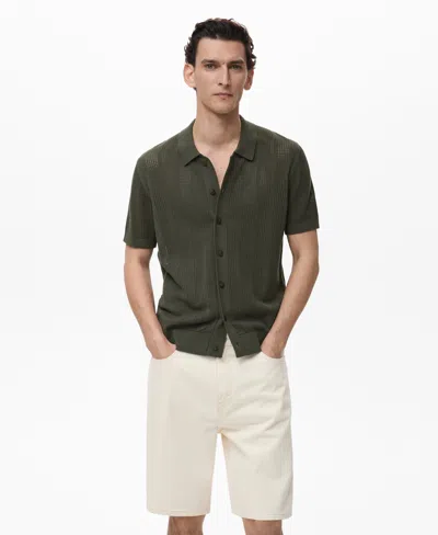Mango Men's Striped Openwork Knitted Shirt In Green