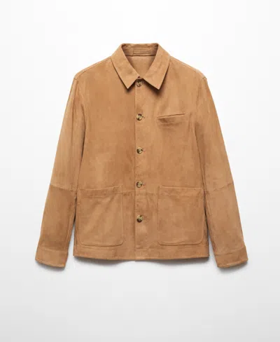 Mango Men's Suede Leather Pocket Detail Overshirt In Medium Brown