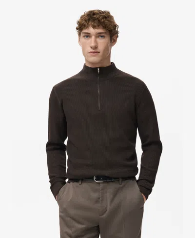 Mango Men's Zip Neck Ribbed Sweater In Brown