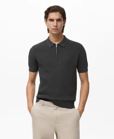Mango Men's Zipper Openwork Knitted Polo Shirt In Black