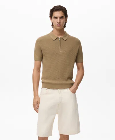 Mango Men's Zipper Openwork Knitted Polo Shirt In Nude