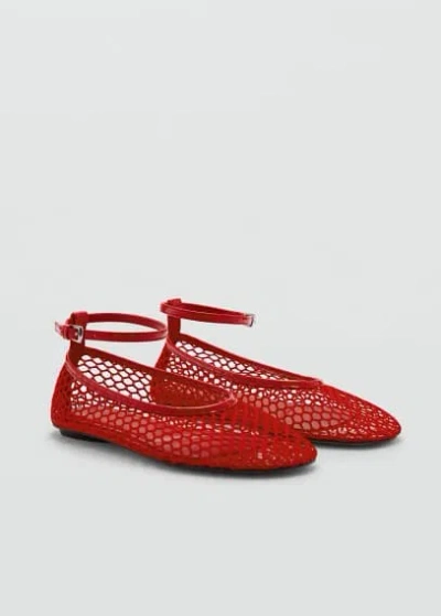 Mango Mesh Ballerinas With Buckle Strap Red