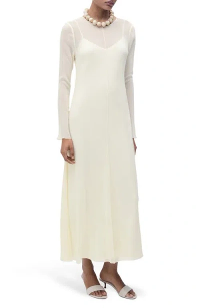 Mango Mesh Overlay Long Sleeve Maxi Dress In White