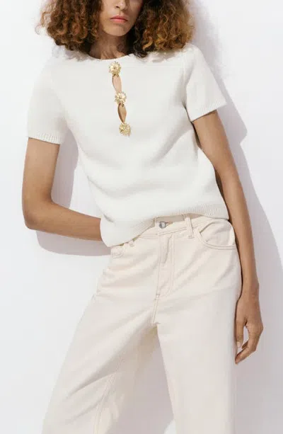 Mango Metallic Cutout Short Sleeve Sweater In White