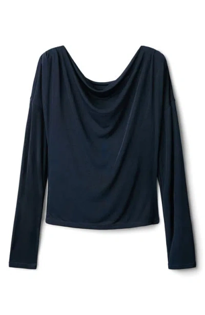 Mango Metallic Drape Neck Long Sleeve Top In Blue