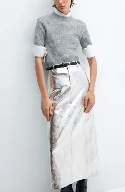 Mango Metallic Faux Leather Midi Skirt In Silver