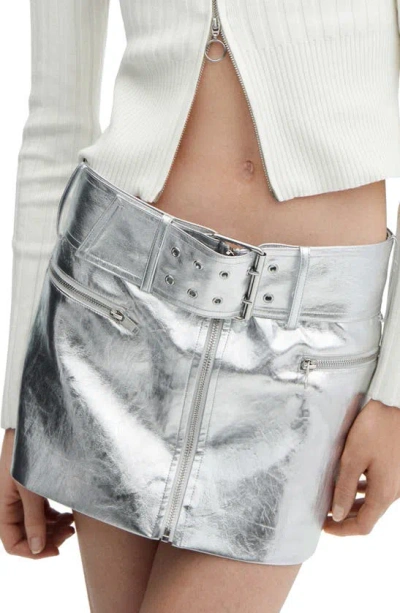 Mango Metallic Faux Leather Miniskirt In Silver