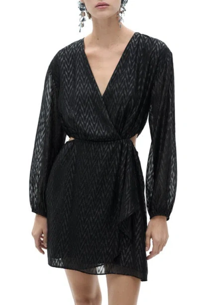 Mango Metallic Long Sleeve Cutout Faux Wrap Dress In Black