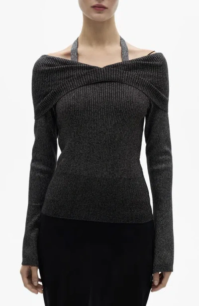 Mango Metallic Off The Shoulder Sweater In Grey