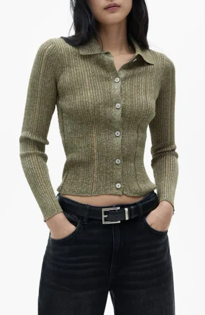 Mango Metallic Open Stitch Cardigan In Green