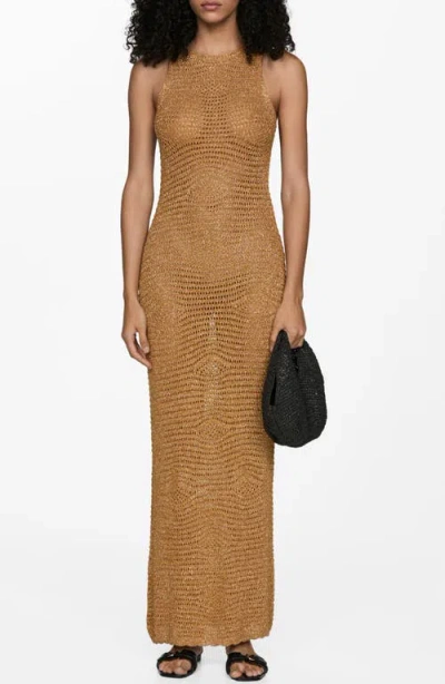 Mango Metallic Open Stitch Maxi Sweater Dress In Gold