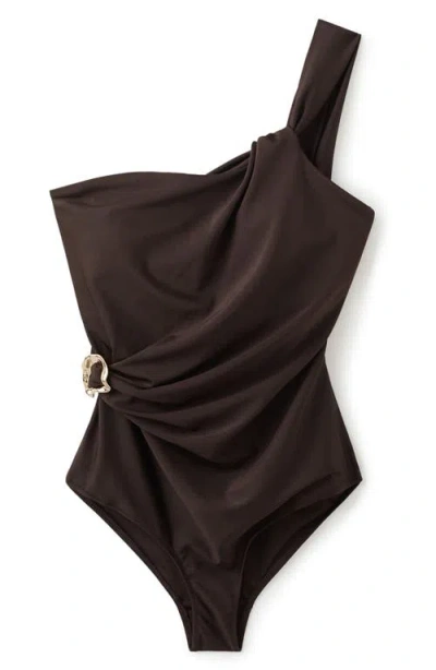 Mango Metallic O-ring One-shoulder One-piece Swimsuit In Brown
