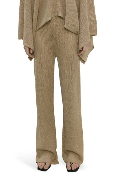 Mango Metallic Pull-on Straight Leg Knit Pants In Brown