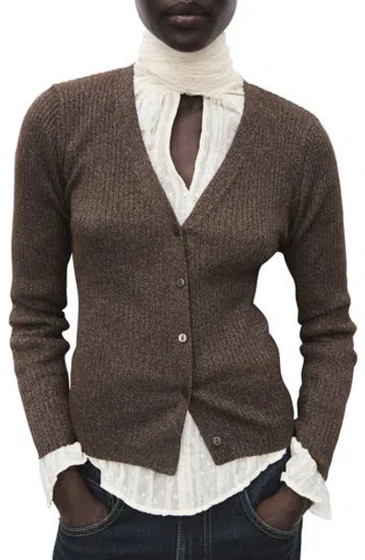 Mango Metallic Rib Cardigan In Brown