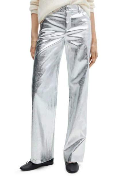 Mango Metalllic Wide Leg Pants In Silver