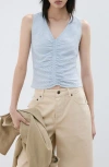 Mango Micro Check Ruched Cotton Blend Top In Blue