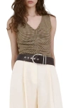 Mango Micro Check Ruched Cotton Blend Top In Brown