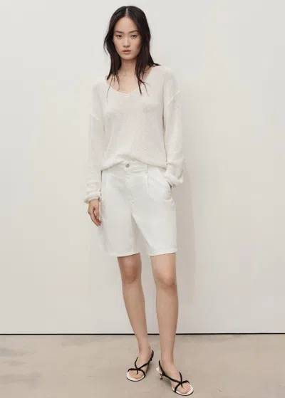 Mango Bermuda En Jean Taille Normale À Pinces Blanc Cassé - Femme - 44 -