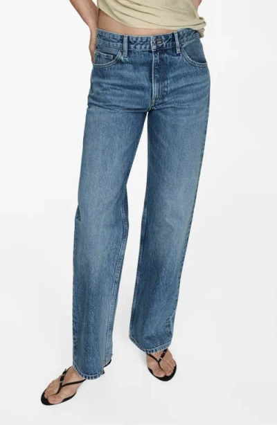Mango Mid Rise Relaxed Straight Leg Jeans In Medium Blue