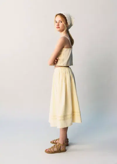 Mango Kids' Midi Skirt With Embroidered Details In Pastel Yellow