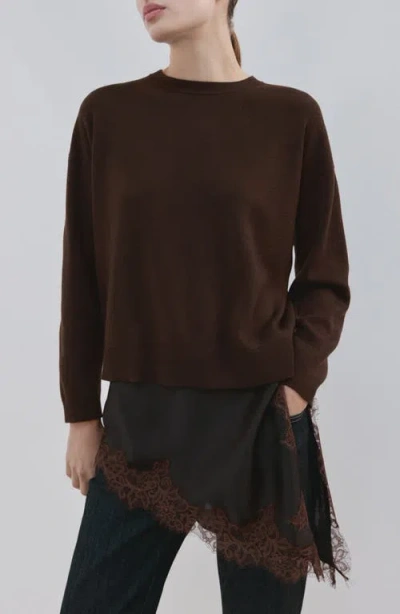 Mango Mixed Media Asymmetric Hem Lace Trim Sweater In Burgundy
