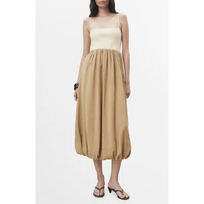 Mango Mixed Media Bubble Hem Midi Dress In Brown