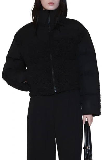 Mango Mixed Media Faux Shearling Detail Puffer Coat In Black