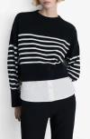 Mango Mixed Media Layered Crewneck Sweater In Black