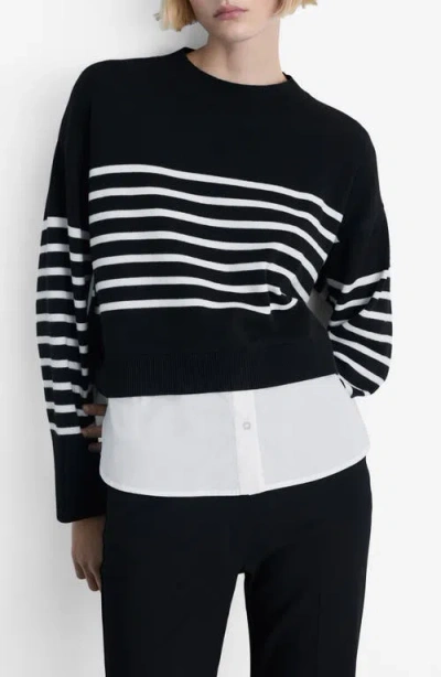 Mango Mixed Media Layered Crewneck Sweater In Black