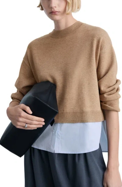Mango Mixed Media Layered Crewneck Sweater In Medium Brown