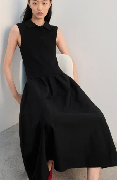 Mango Mixed Media Midi Dress In Black