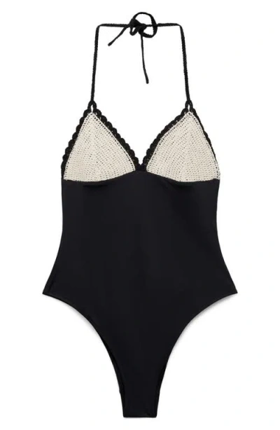Mango Mixed Media One-piece Swimsuit In Black