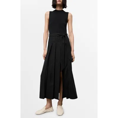 Mango Mixed Media Pleated Midi Dress In Black