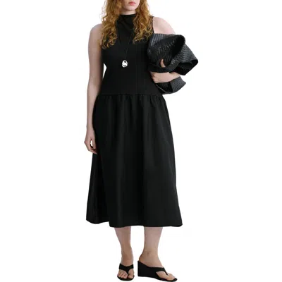 Mango Mixed Media Stretch Cotton Midi Dress In Black