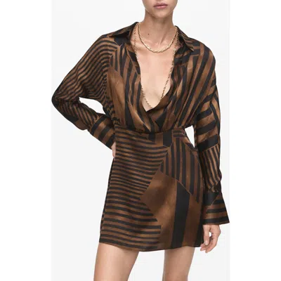 Mango Mixed Stripe Long Sleeve Satin Mini Shirtdress In Brown