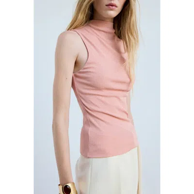 Mango Mock Neck Fitted Fine Knit Top In Pink