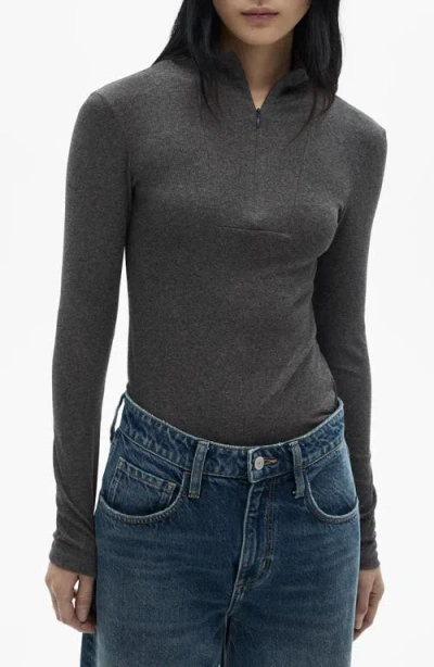 Mango Mock Neck Half Zip Long Sleeve Top In Grey