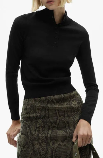 Mango Mock Neck Henley Sweater In Black