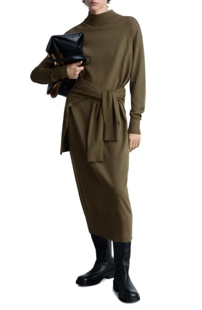 Mango Mock Neck Long Sleeve Dress In Khaki Green