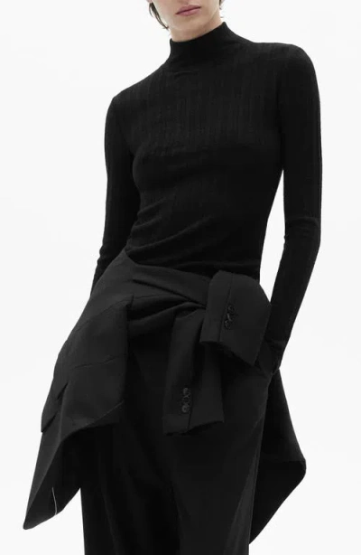 Mango Mock Neck Long Sleeve Rib Top In Black