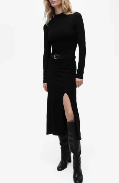 Mango Mock Neck Long Sleeve Sweater Midi Dress In Black