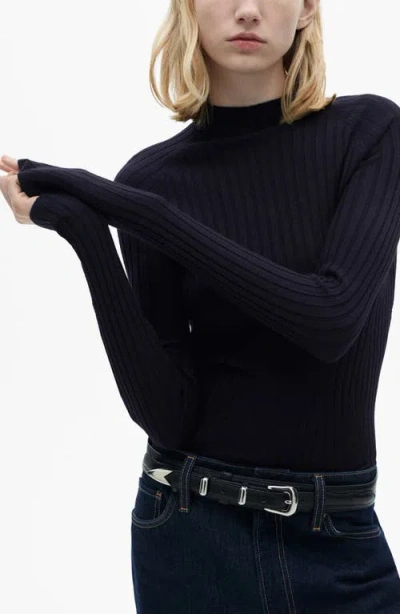 Mango Mock Neck Rib Sweater In Dark Navy