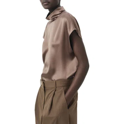 Mango Mock Neck Silk Satin Top In Brown