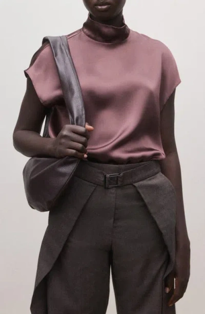 Mango Mock Neck Silk Satin Top In Purple