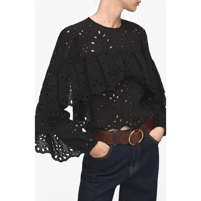 Mango Molly Embroidered Eyelet Flutter Sleeve Top In Black